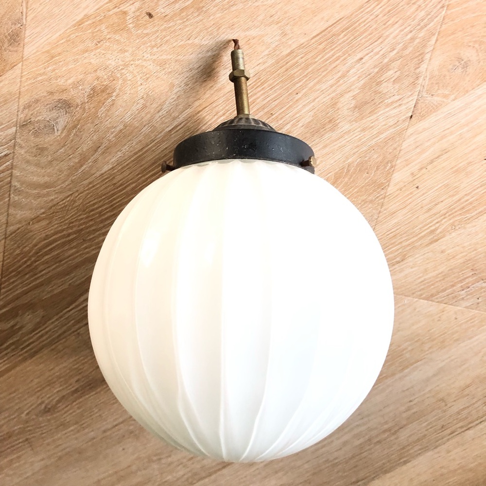 Vintage Art Deco Mid Century Milk Glass Ribbed Flush Globe Ceiling Light